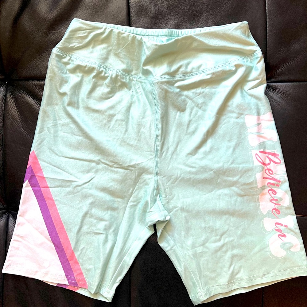 Disney Parks Biker Shorts “Believe in Magic” Mint/Purple/White NWT Size M